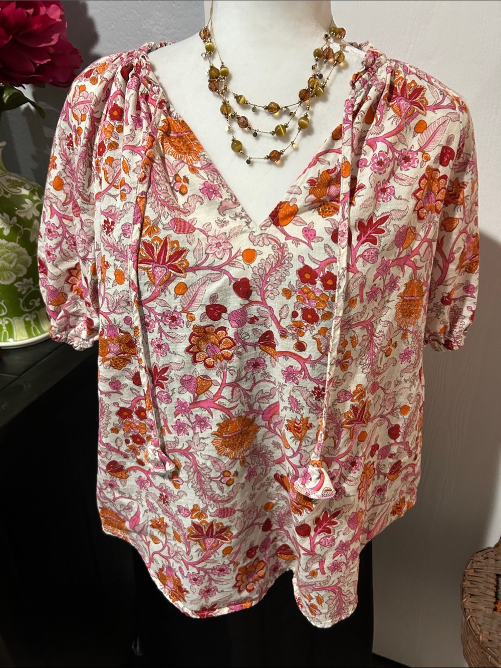 Knox Rose Pink & Orange Floral V-Neck Peasant Blouse